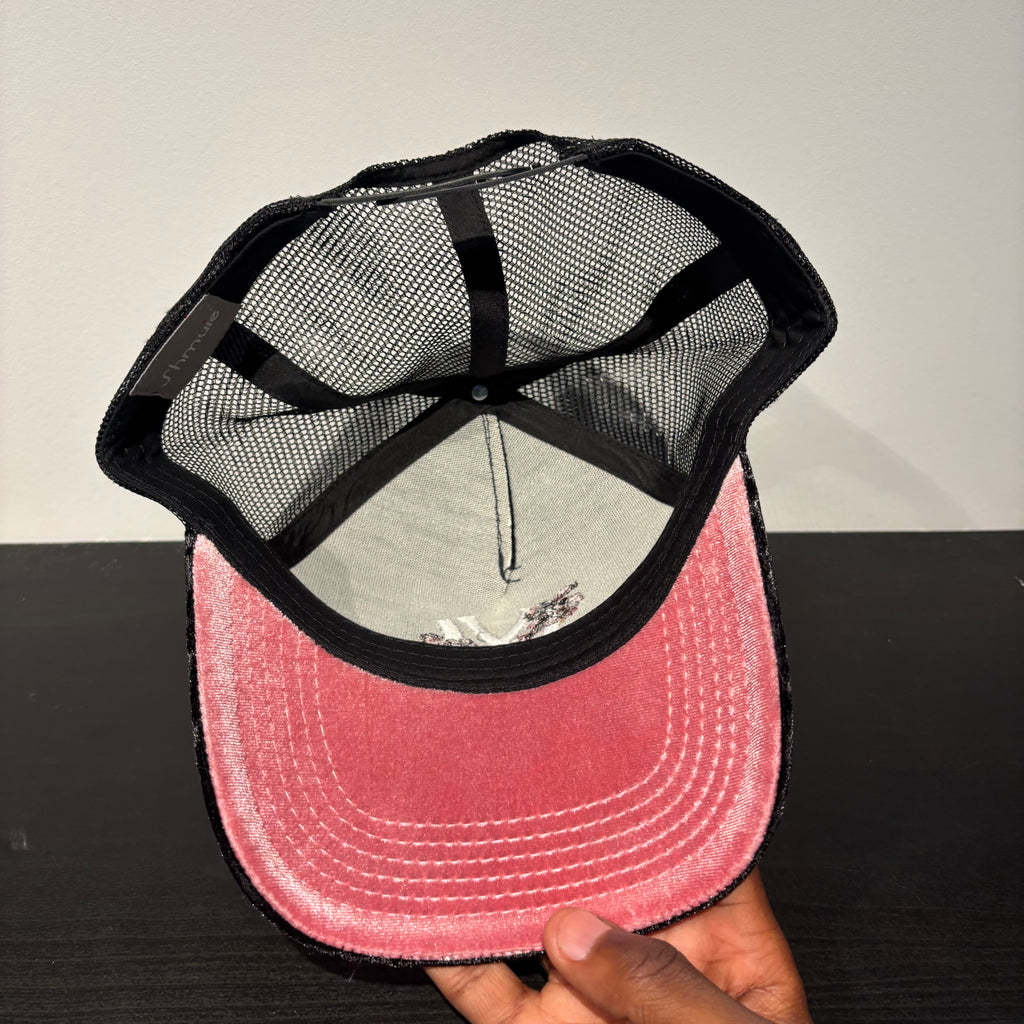 Suede NY Pink Flower Trucker Hat
