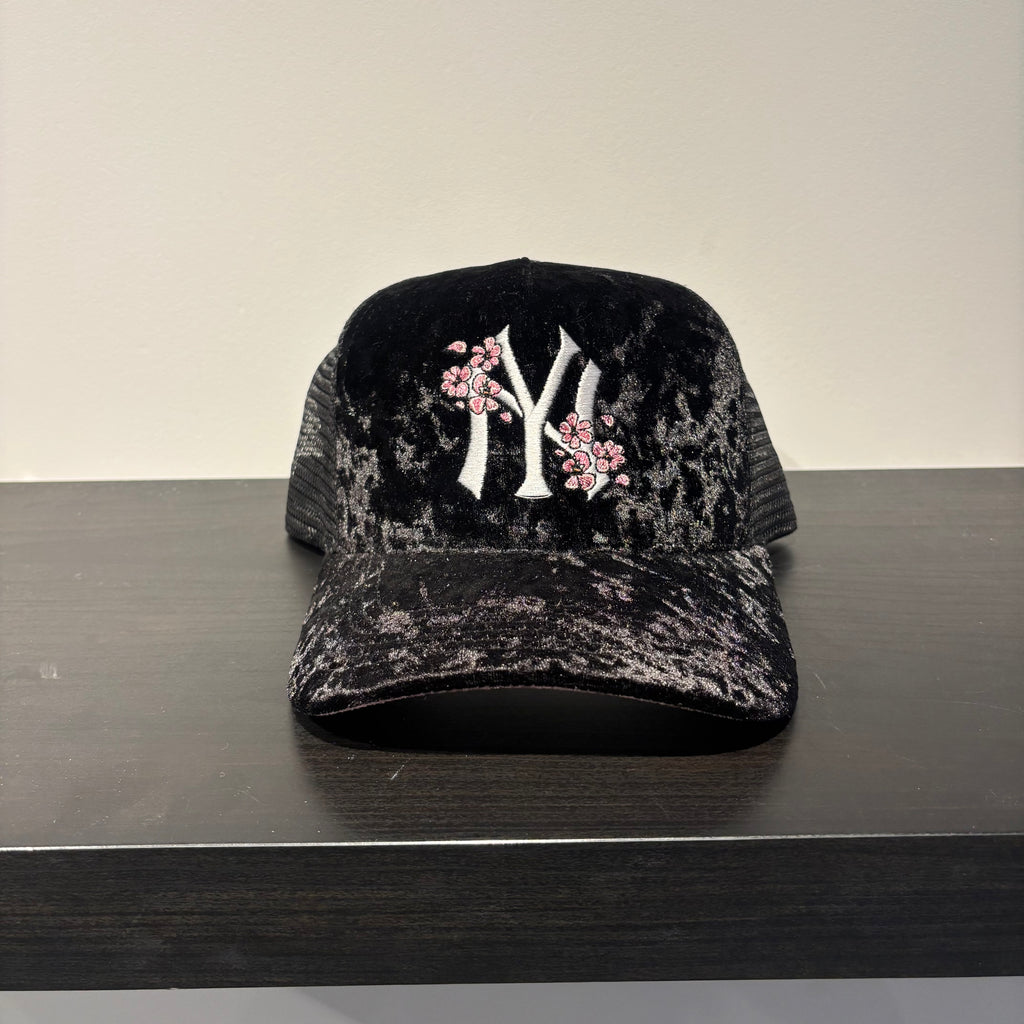 Suede NY Pink Flower Trucker Hat