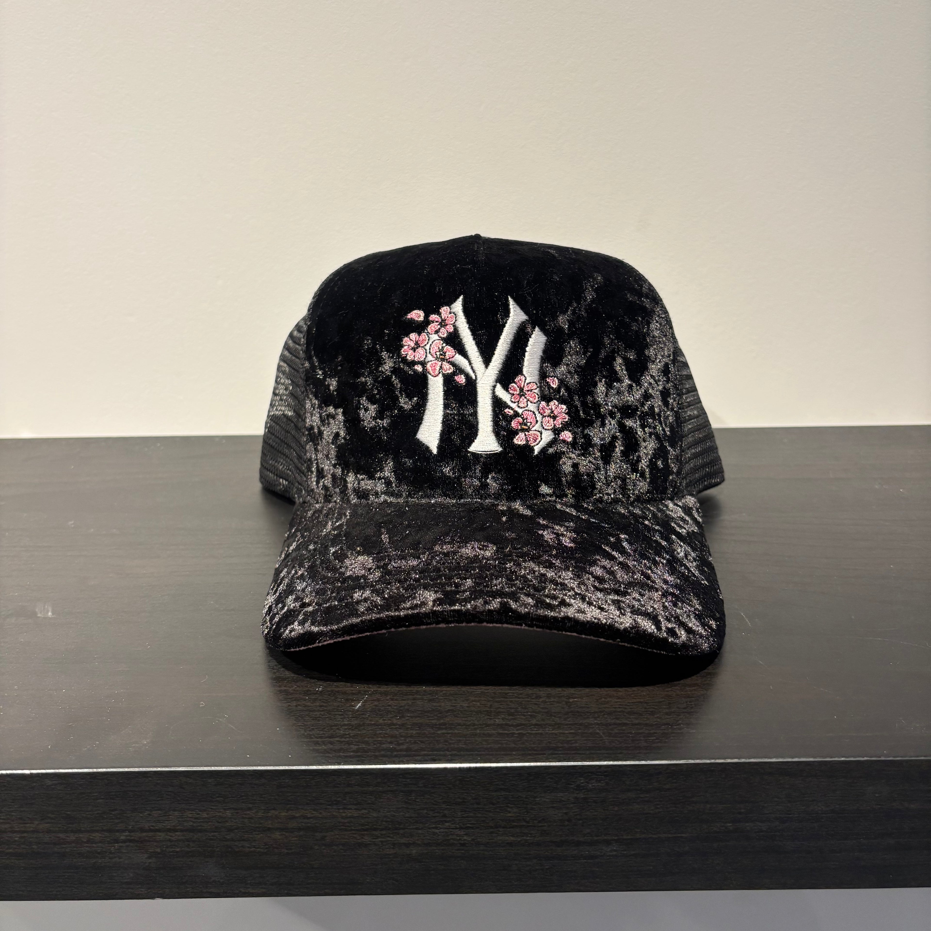 Suede NY Pink Flower Trucker Hat